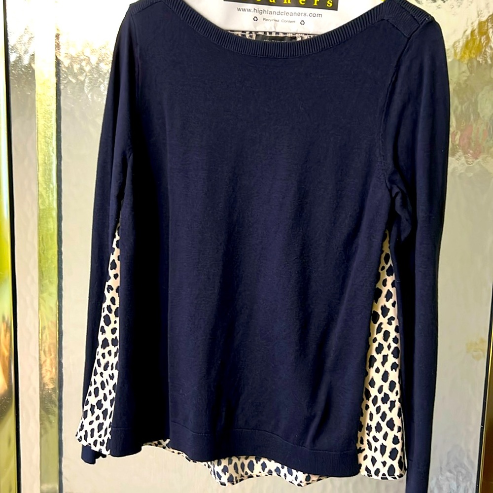 Ann Taylor Navy Knit with Navy Leopard Blouse Back Sweater/Blouse, Size M